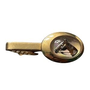 VTG Mother of Pearl Horse Tie Clip Bar Gold Tone Equestrian Jewelry Mens accesso
